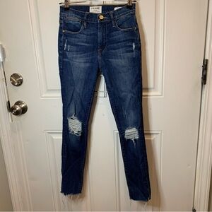 Frame Denim Le High Skinny Blue High Rise Frayed Hem Distressed Ripped Knee Jean